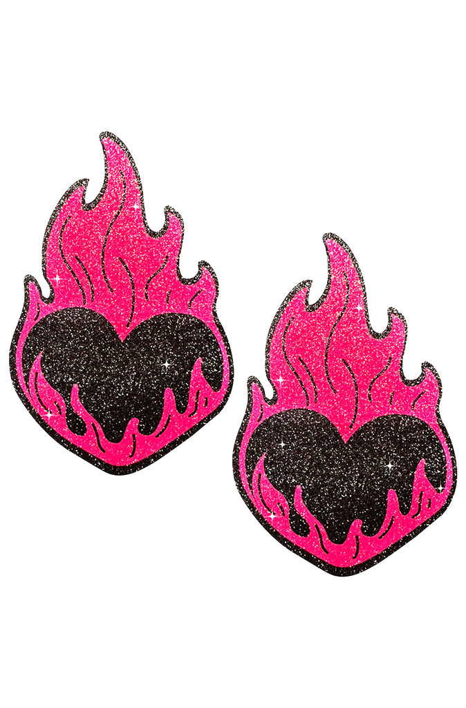 Neon Pink Flame Heart Glitter  Pasties